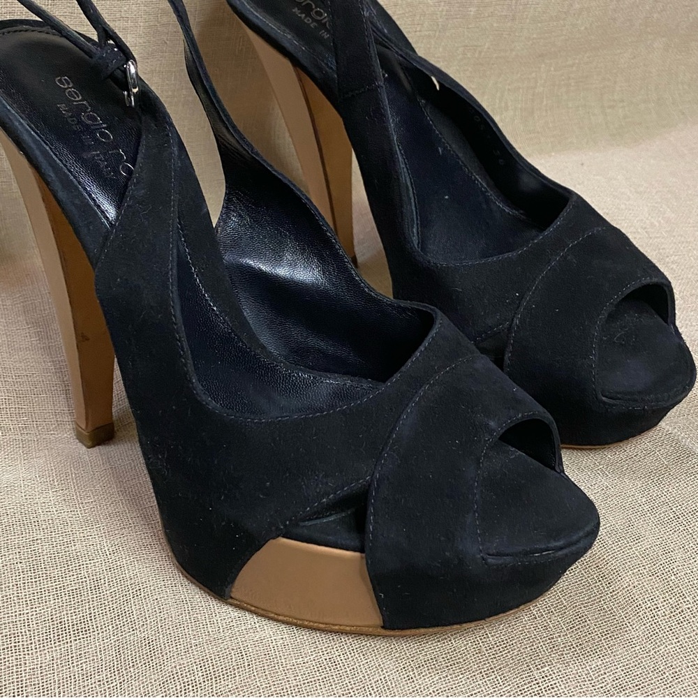 Sergio Rossi Elegant Black and Tan Slingback Heels 36